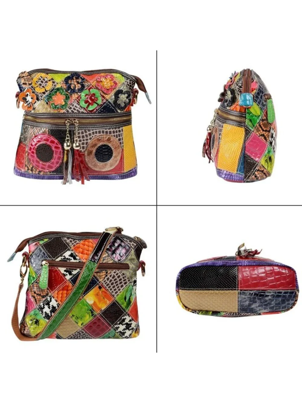 Colorful Floral Crossbody Bag | Vintage Cowhide Leather Shoulder Purse